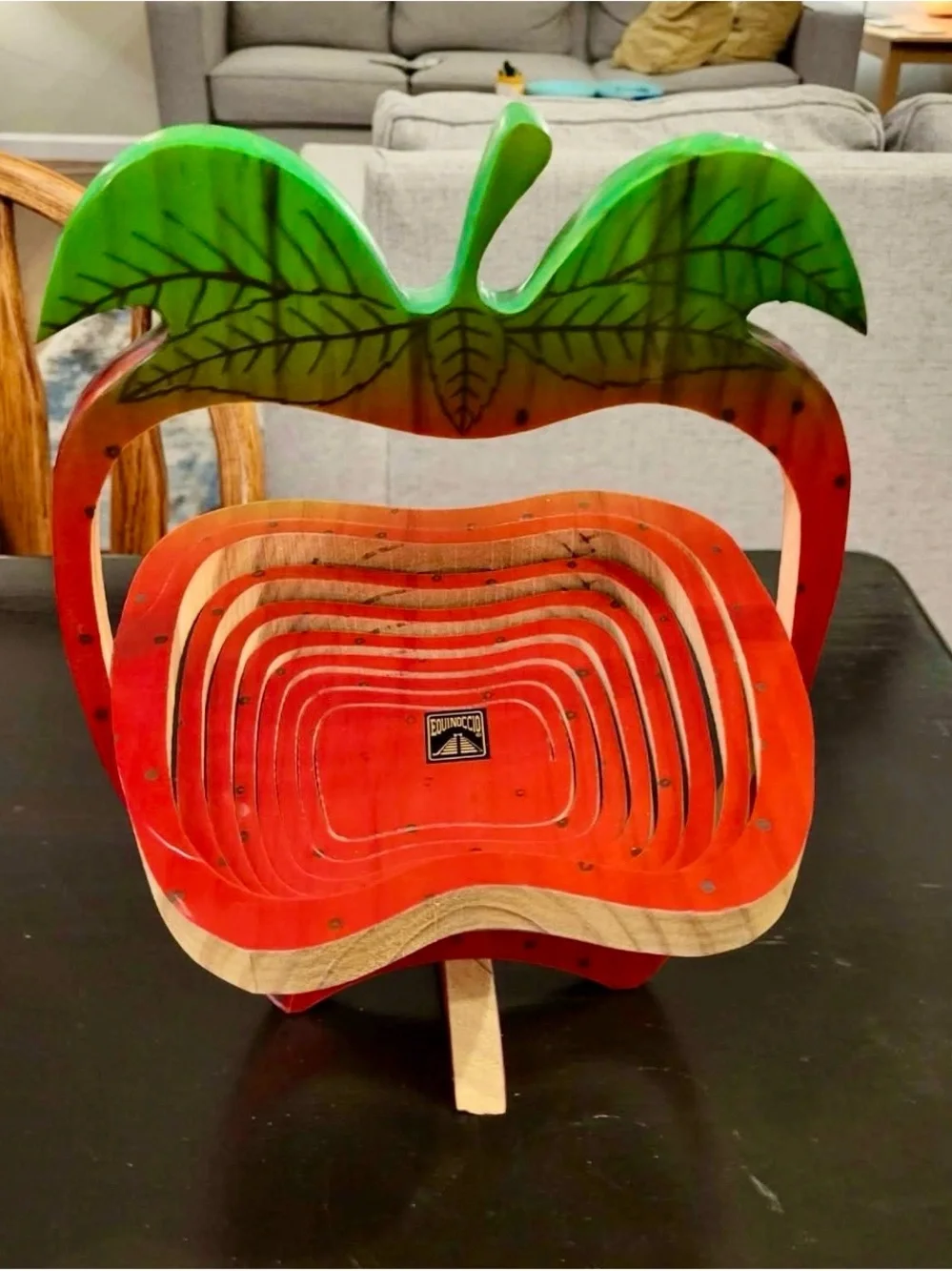 Equinoccio Red Apple Wooden Fruit Basket with Pop out Spiral Cut Trivet